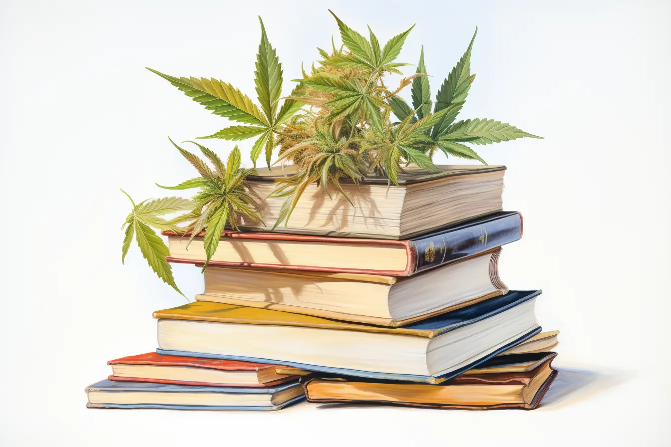 Bücher und Hanfblätter zeigen in einer einzigartigen Kombination die Vielfalt, die Natur und Wissen bieten. Cannabis ist eine Pflanze, die viele Namen führt und das Lesen von bunten Büchern spannender macht, wenn sie diese schmückt.