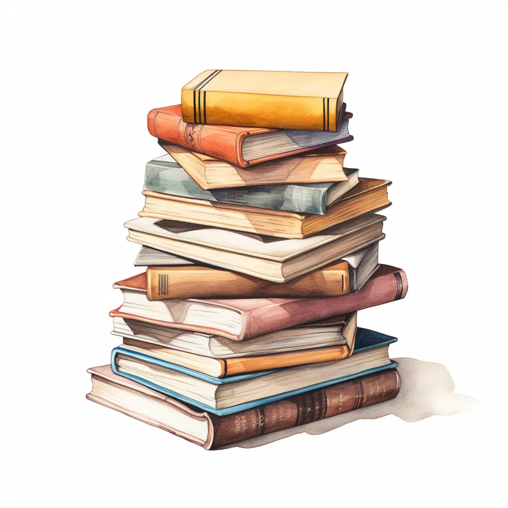 Halbrealistische Zeichnung von Pastellfarbenen Büchern - ein Ausdruck von Hoffnung und Zukunft Einige Bücher liegen auf einem beigen Untergrund, der sich in einer städtischen Umgebung befindet.